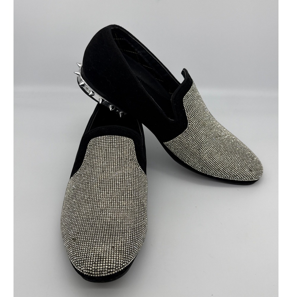Amali Mens Adkin-445 Black Velvet Rhinestone Spiked Heel Loafers Shoes Size 8